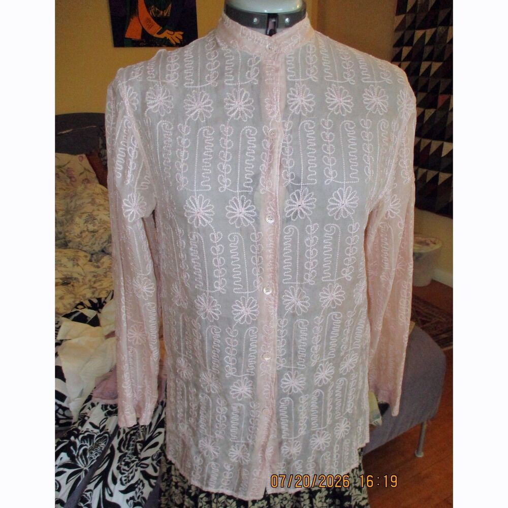 FINITY NATURALS 100% Silk Organza Suzani Embroidered Lagenlook Shirt Blouse M